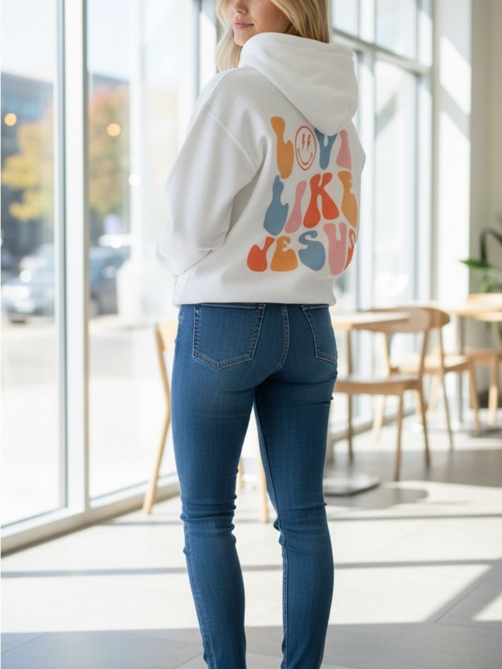 Gildan White Hoodie with Multicolor Retro “Love Like Jesus” Graphic